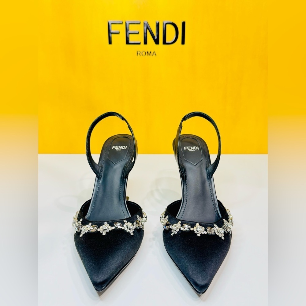 Fendi First Slingback Heels Black Satin With Nero Crystal Size 37.5 Retail$1790 - Picture 11 of 16